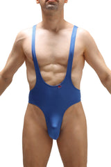Blue bodysuit thong gonzac joe one-piece swimsuit with wide shoulder straps and high-cut leg design front view