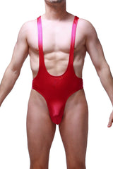 Red shiny one-piece bodysuit thong gonzac joe framboise with wide shoulder straps and front cutout
