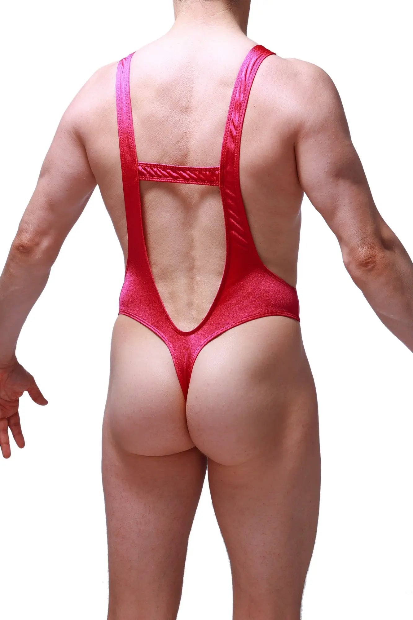 Vibrant red shiny bodysuit thong gonzac joe framboise with cutout back and thin straps shown from back side