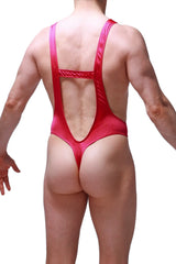 Vibrant red shiny bodysuit thong gonzac joe framboise with cutout back and thin straps shown from back side