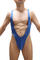 Blue bodysuit thong lepuil joe with wide shoulder straps and deep v-cut front in a one-piece swimsuit design