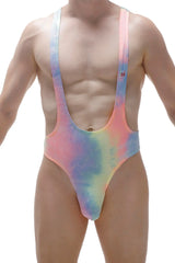 A vibrant tie-dye bodysuit thong lepuil matala one-piece swimsuit with high-cut leg and wide shoulder straps