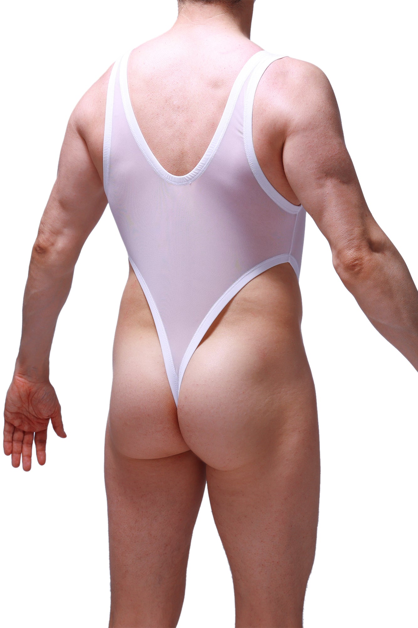 White sheer one-piece swimsuit with white trim by PetitQ featuring thong lepuil net fabric in white