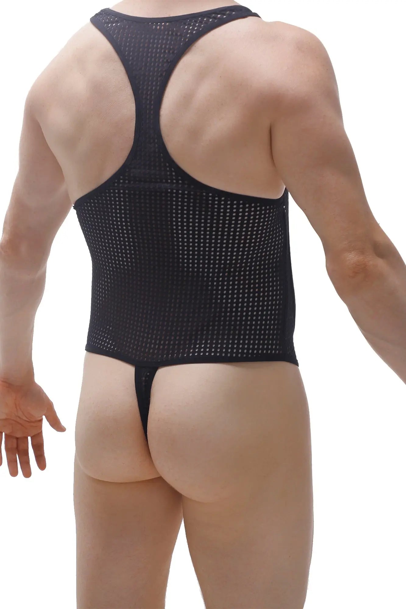 Back view of black mesh athletic one-piece bodysuit with racerback design and thong-style bottom medis durtol black