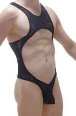 Black mesh one-piece swimsuit bodysuit thong medis durtol black with cutout design front view
