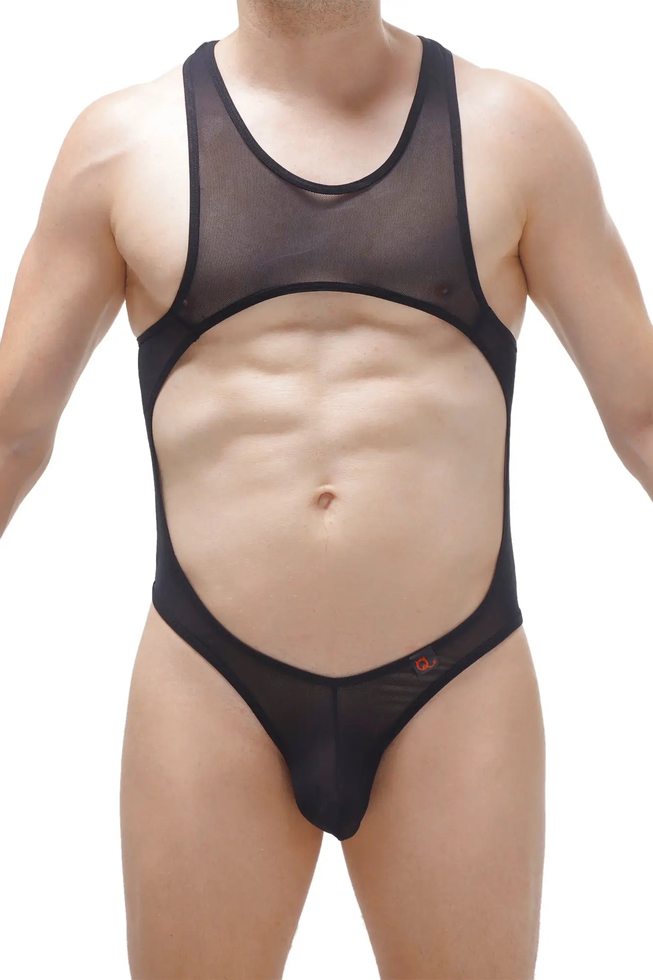 Black sheer mesh one-piece bodysuit thong with cutout design made of medis net fabric