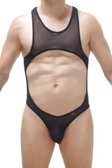 Black sheer mesh one-piece bodysuit thong with cutout design made of medis net fabric