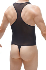 Black sheer mesh tank top bodysuit with thong-style bottom in medis net fabric shown from the back side