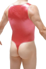 A shiny red metallic one-piece bodysuit with high-cut leg design made of satin for a bold statement look