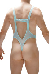 Light blue sheer mesh one-piece swimsuit bodythong aunou net teal with thin straps and back cutout shown from back side