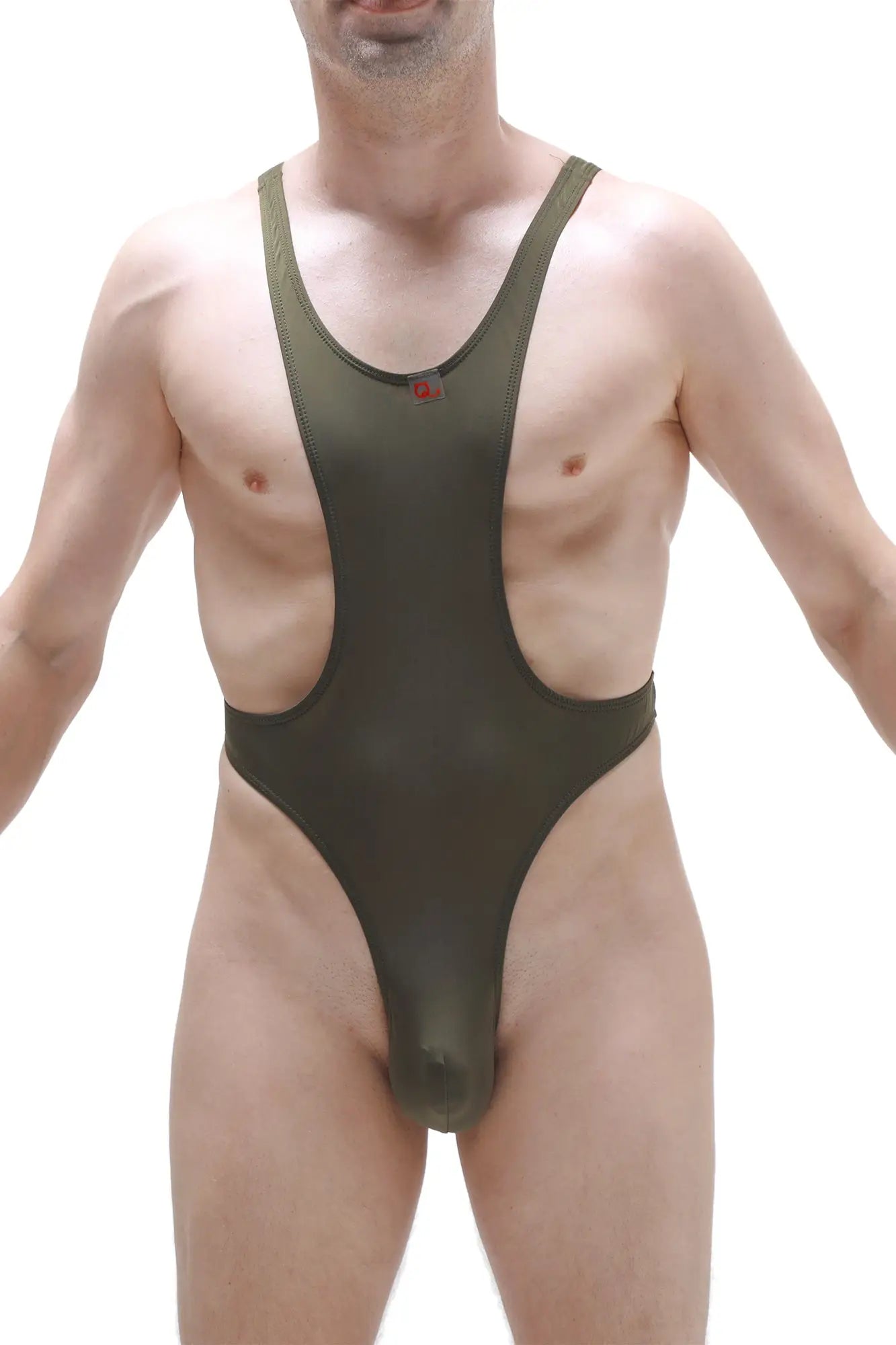 Olive green one-piece bodythong aunou plum swimsuit with wide shoulder straps and a red button at the neckline