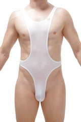 White sheer mesh one-piece swimsuit with wide shoulder straps and high-cut leg design bodythong aunou plum white