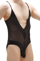 Bodythong bonson black sheer mesh one-piece swimsuit with deep v-neckline and solid black fabric trim
