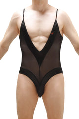 Bodythong Bonson black sheer mesh one-piece swimsuit with plunging v neckline and solid fabric panels