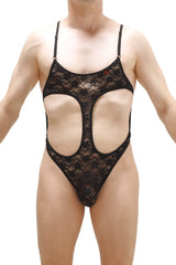 Black lace bodythong campsat with cutout design showcasing elegant sheer material and intricate detailing