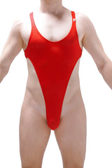 Red mesh one-piece swimsuit bodythong carbay bee red with high-cut leg design