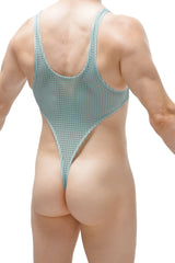 A light blue mesh-textured one-piece swimsuit with high-cut leg design from Bodythong Carbay Durtol Green