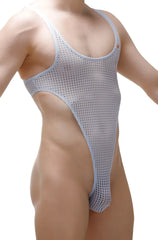 Light blue mesh men’s one-piece bodythong carbay durtol with high-cut leg design in sky blue color
