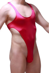 A vibrant red shiny satin bodythong carbay joe framboise one-piece swimsuit with high-cut leg and thin shoulder straps