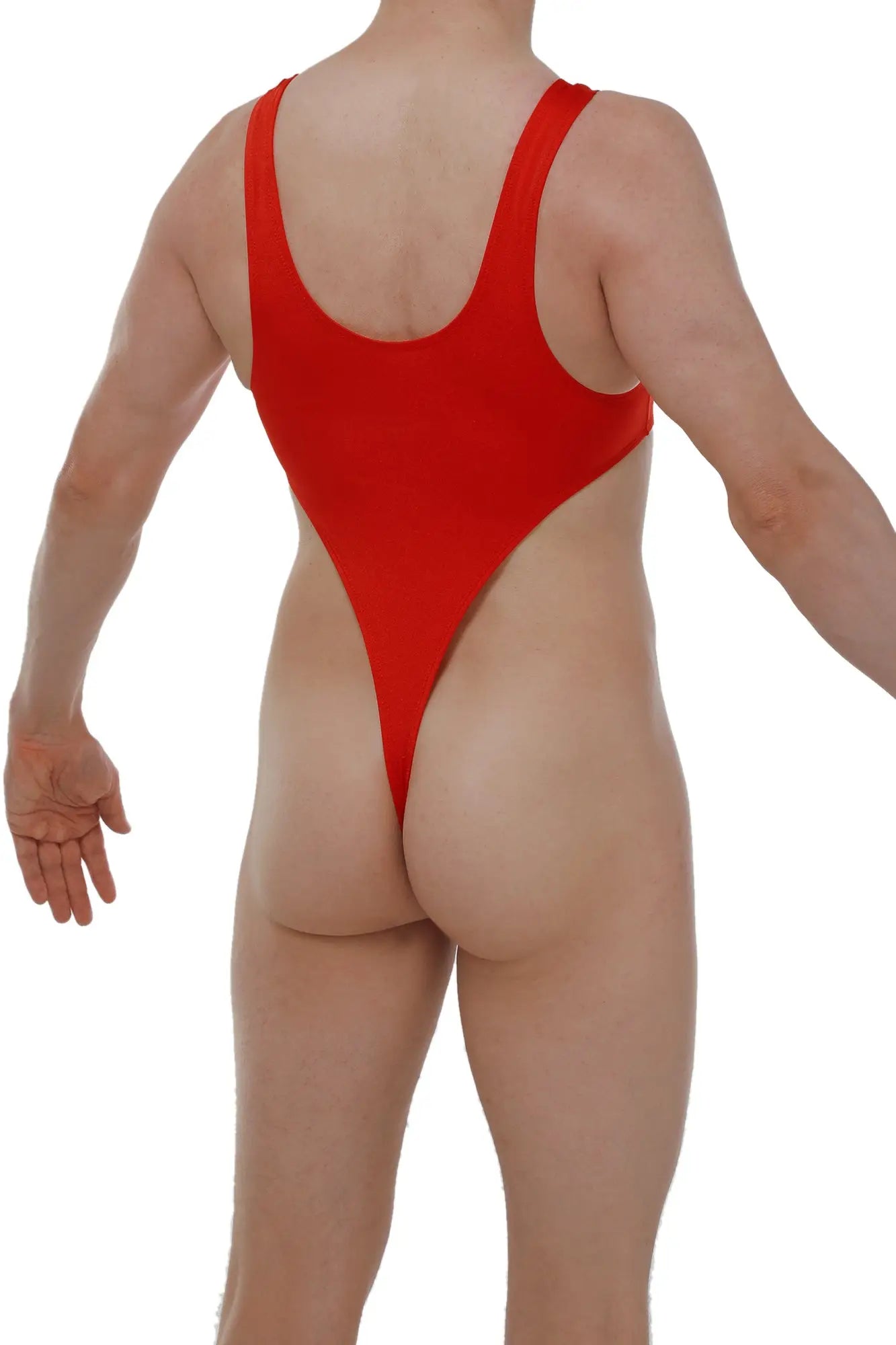 A vibrant red bodythong Carbay Joe one-piece swimsuit with high-cut leg and wide shoulder straps