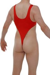A vibrant red bodythong Carbay Joe one-piece swimsuit with high-cut leg and wide shoulder straps