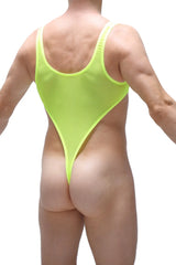 Neon green mesh one-piece swimsuit bodythong carbay net with high-cut leg design in neon yellow color