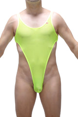 Neon green sheer one-piece swimsuit with thin straps and high-cut leg design bodythong carbay net neon yellow