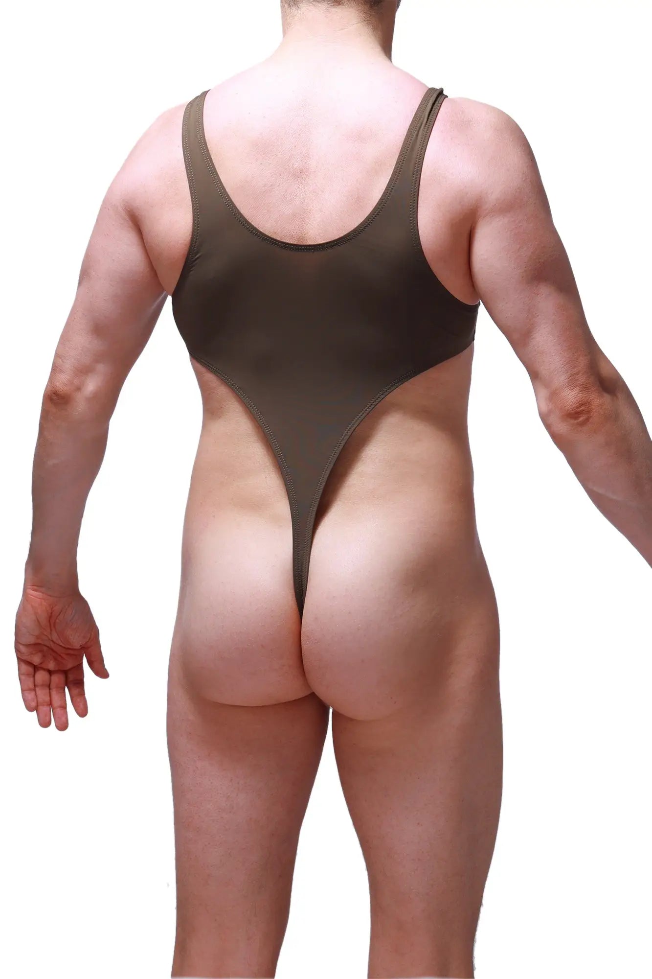 Olive green bodythong carbay one-piece swimsuit with high-cut leg design and thin shoulder straps