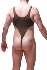 Olive green bodythong carbay one-piece swimsuit with high-cut leg design and thin shoulder straps