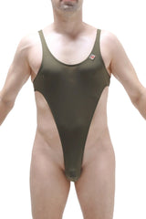 Olive green one-piece swimsuit with high-cut leg and thin shoulder straps bodythong carbay plum olive