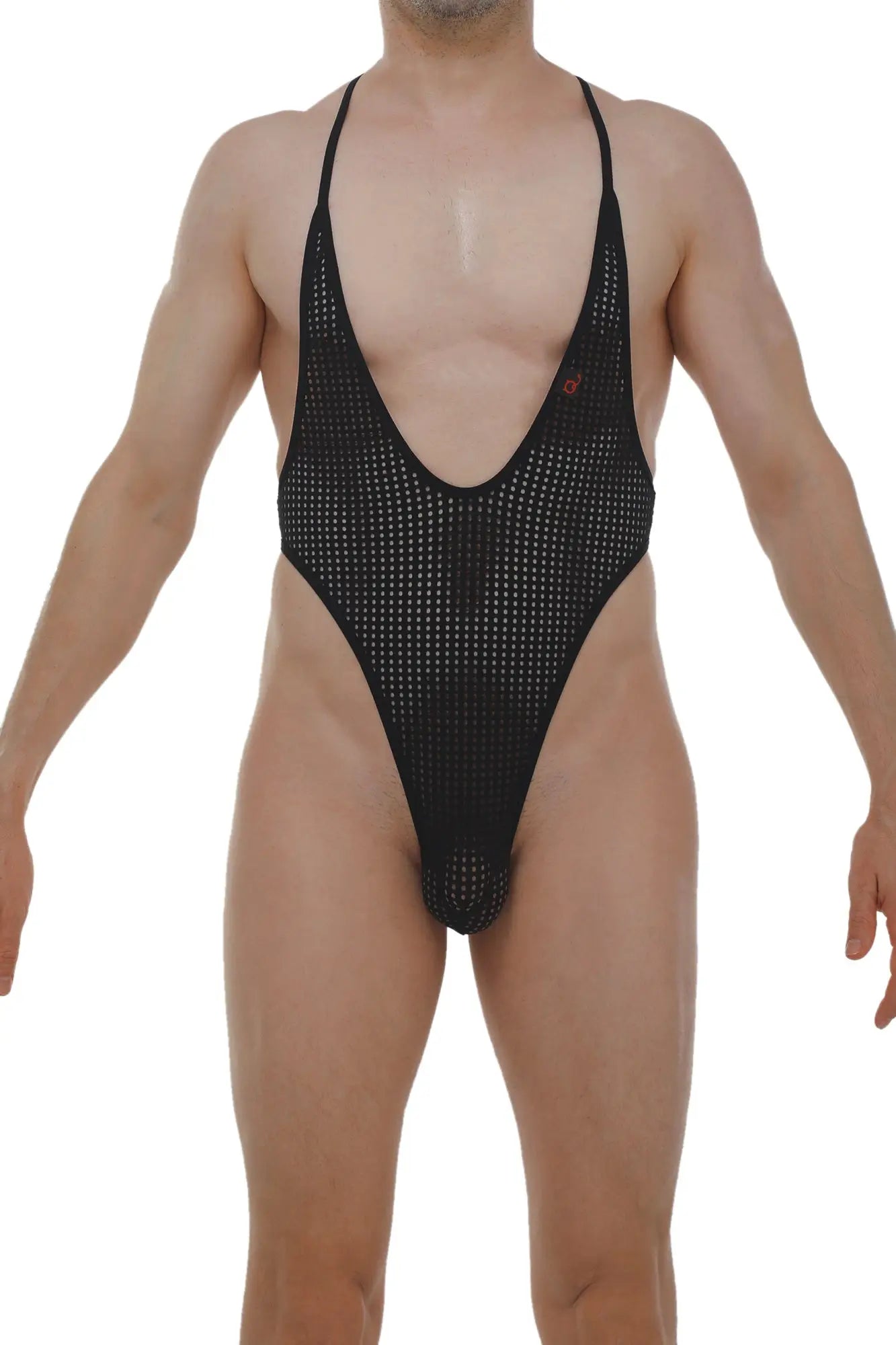 Black mesh one-piece swimsuit bodythong causson durtol black with deep v-neckline and thin shoulder straps