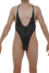 Black mesh one-piece swimsuit bodythong causson durtol black with deep v-neckline and thin shoulder straps