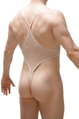 Beige mesh bodythong causson durtol nude one-piece swimsuit with thin straps and high-cut leg design