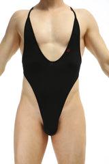 Black one-piece swimsuit bodythong causson plum black with deep v-neckline high-cut legs and thin shoulder straps