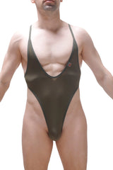 Dark olive green high-cut one-piece swimsuit with thin straps and plunging neckline bodythong causson plum green
