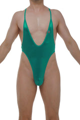 A sleek emerald green satin one-piece swimsuit bodythong causson with a deep v-neckline and thin straps