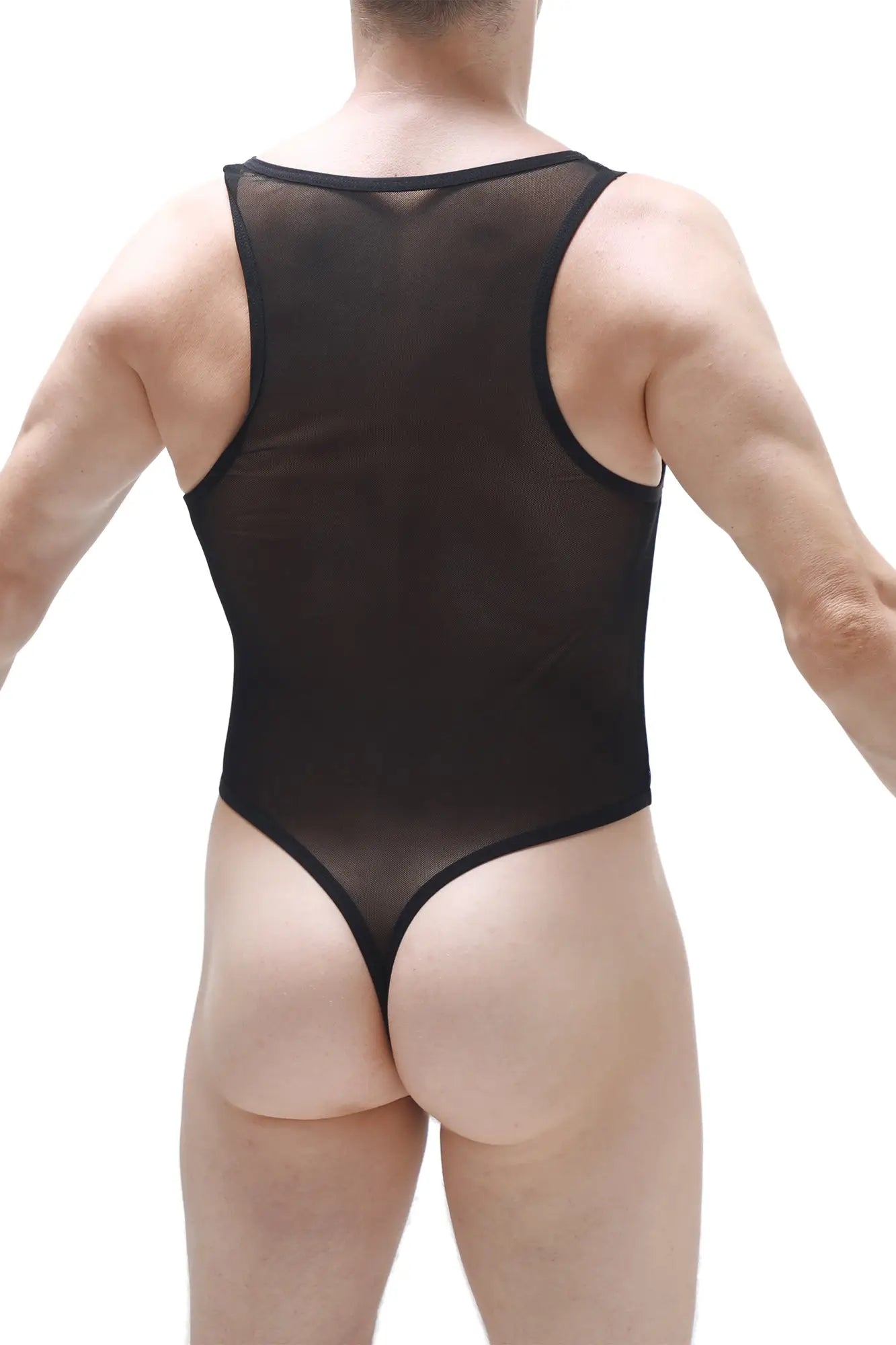 Black sheer mesh bodythong chapois one-piece with high-cut legs and black trim for lingerie or swimwear use