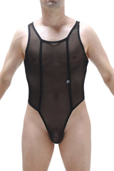 Black sheer mesh one-piece swimsuit with black trim bodythong chapois black shown from the back side
