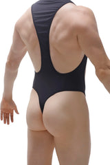 Black one-piece swimsuit bodythong deluz black with racerback design and high-cut legs shown from the back