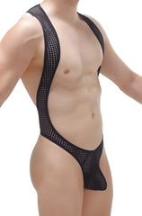 Black mesh BodyThong Deluz Durtol bodysuit with plunging neckline and high-cut legs for a sleek look