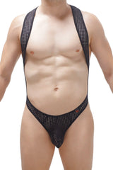 Black mesh men’s bodysuit with halter neck and brief-style bottom from bodythong deluz durtol black collection