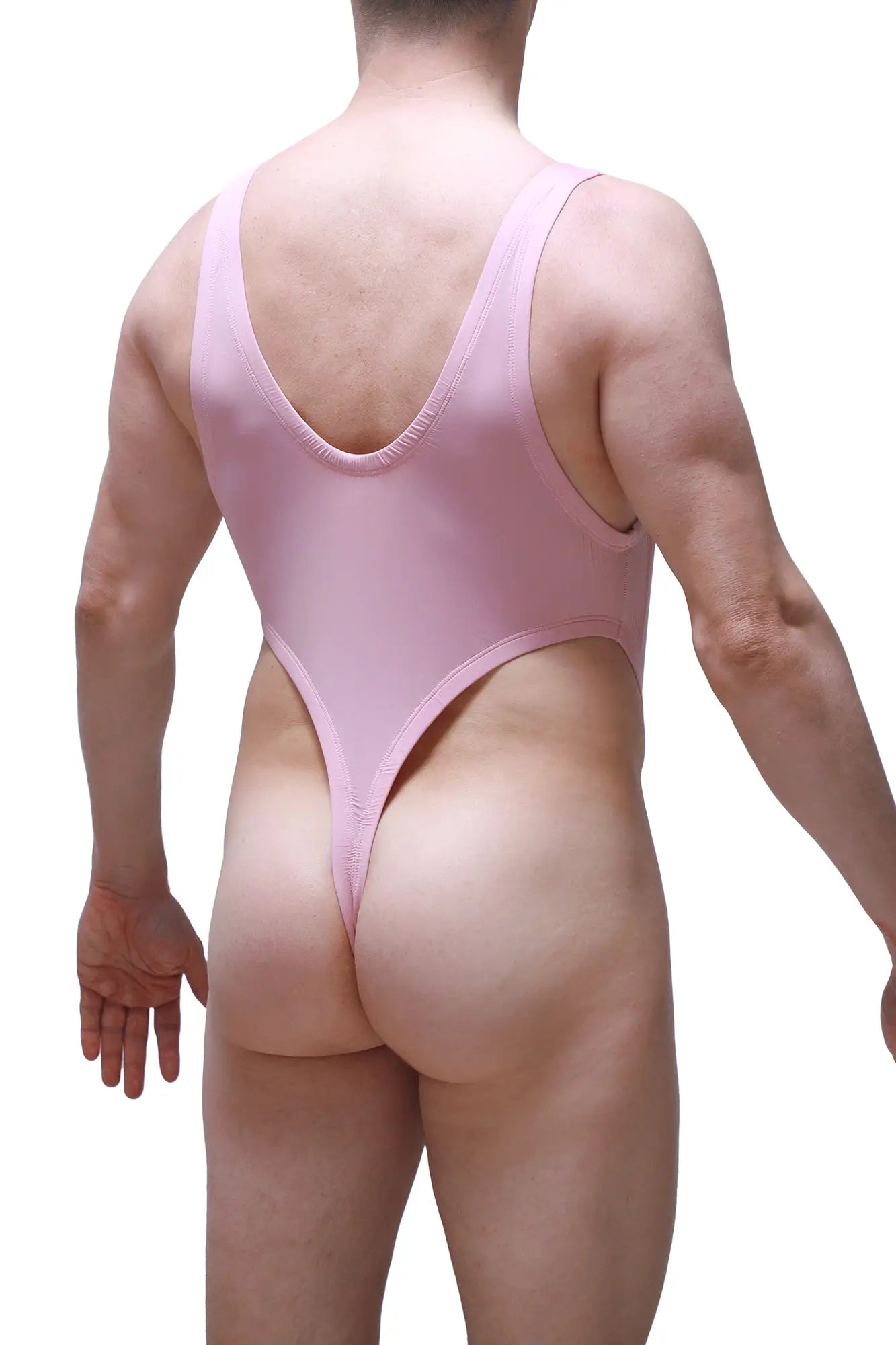 Back view of bodythong gonzac skine tea rose sleek pink one-piece swimsuit with deep v-back and high-cut leg openings