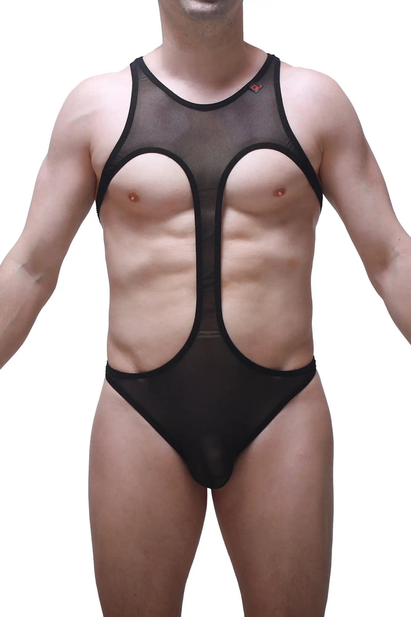 Bodythong Gracay net black sheer mesh one-piece swimsuit with bold cutouts and a sleek form-fitting design