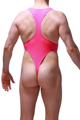 Bodythong Journy Bee Pink vibrant pink mesh one-piece swimsuit with high-cut leg and racerback straps front view