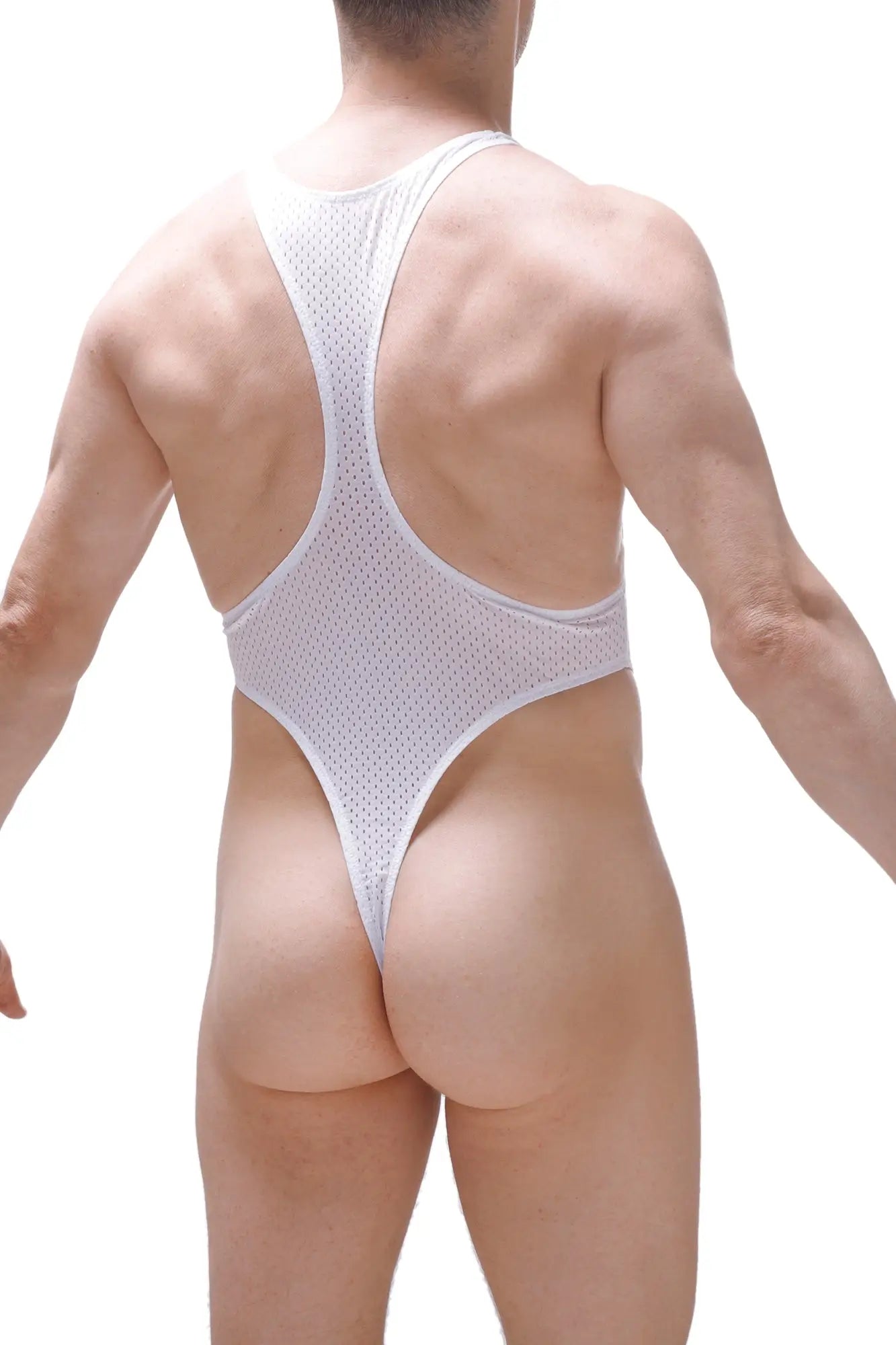 White mesh one-piece swimsuit bodythong journy bee white with racerback design shown from the back side