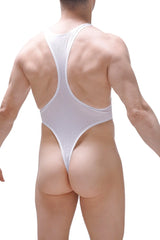 White mesh one-piece swimsuit bodythong journy bee white with racerback design shown from the back side