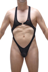 Bodythong Journy Durtol black one-piece swimsuit in black mesh with cutout design and small red logo on chest