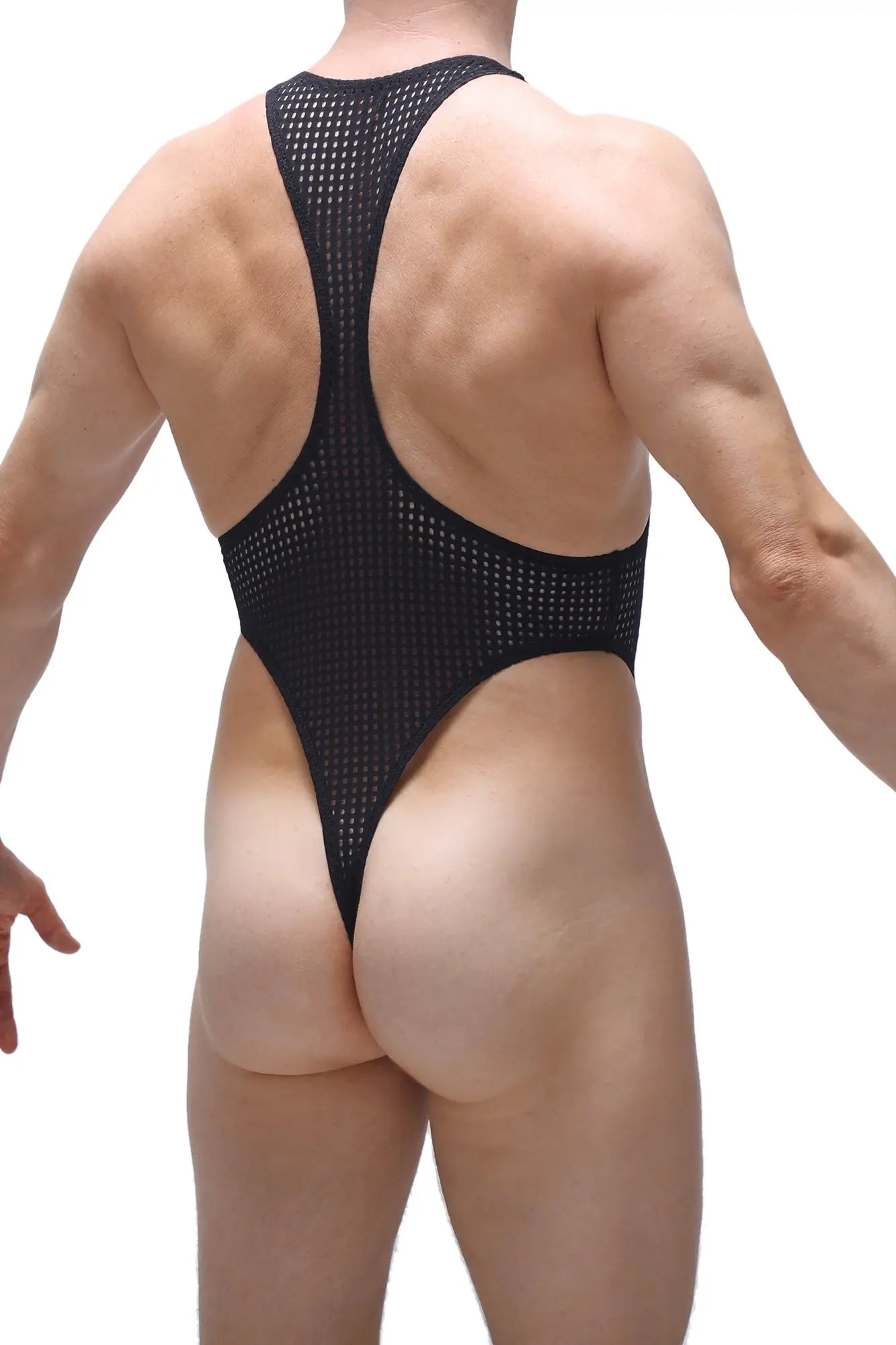 Black mesh one-piece swimsuit bodythong journy durtol black with high-cut leg and racerback straps shown from back
