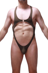 Olive green Bodythong Journy one-piece swimsuit with cutout design and adjustable straps front view