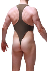 A sleek olive green one-piece bodythong journy swimsuit with high-cut leg and racerback straps